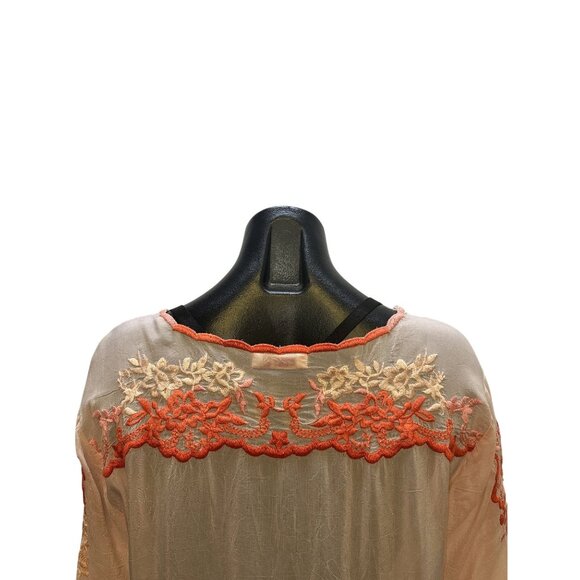 Johnny Was Sheer Pink Tunic Blouse w/Coral & Pink Embroidered Floral Design Size - Picture 6 of 8